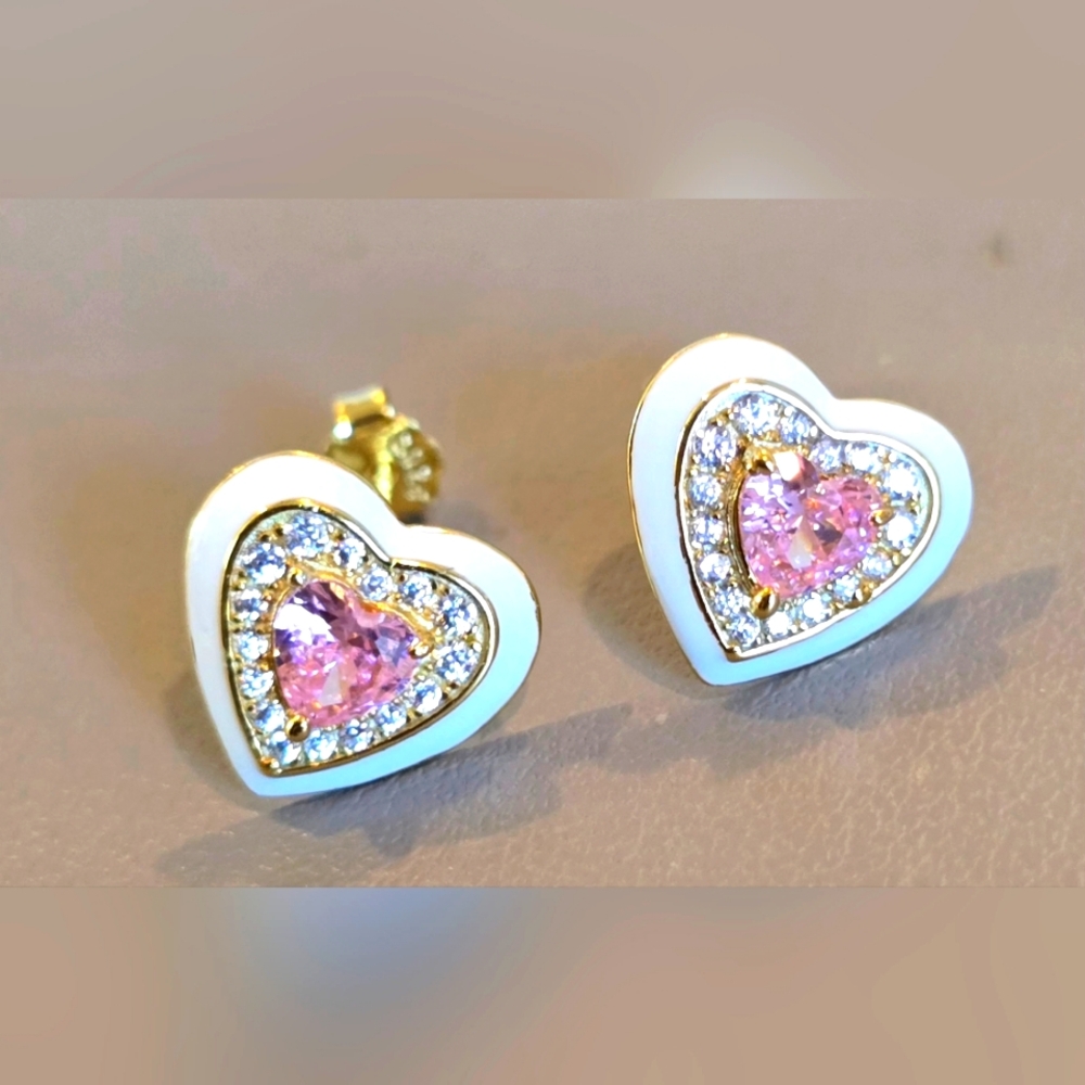 Heart-Shaped Pink and Gold Earrings